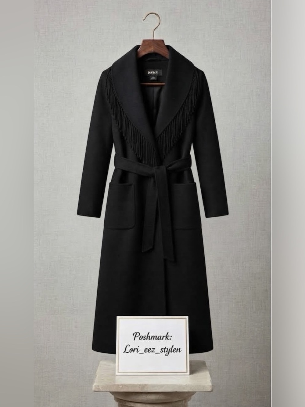 DKNY Black Fringe-Trim Belted Trench Coat